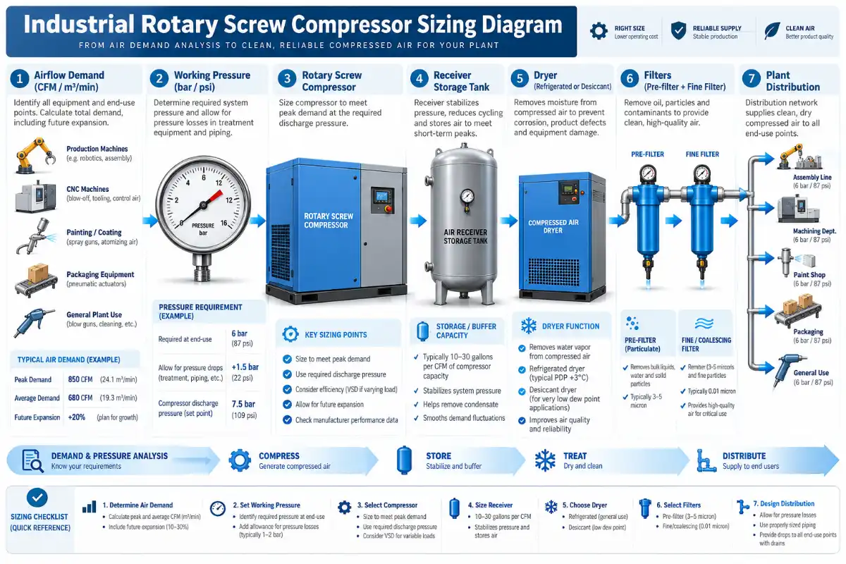 Industrial rotary screw compressor sizing diagram showing airflow demand, working pressure, receiver storage, dryer, filters, and plant distribution