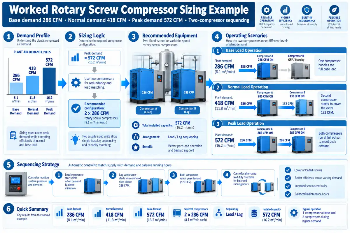 Worked rotary screw compressor sizing example with 286 CFM base demand, 418 CFM normal demand, 572 CFM peak demand, and two-compressor sequencing