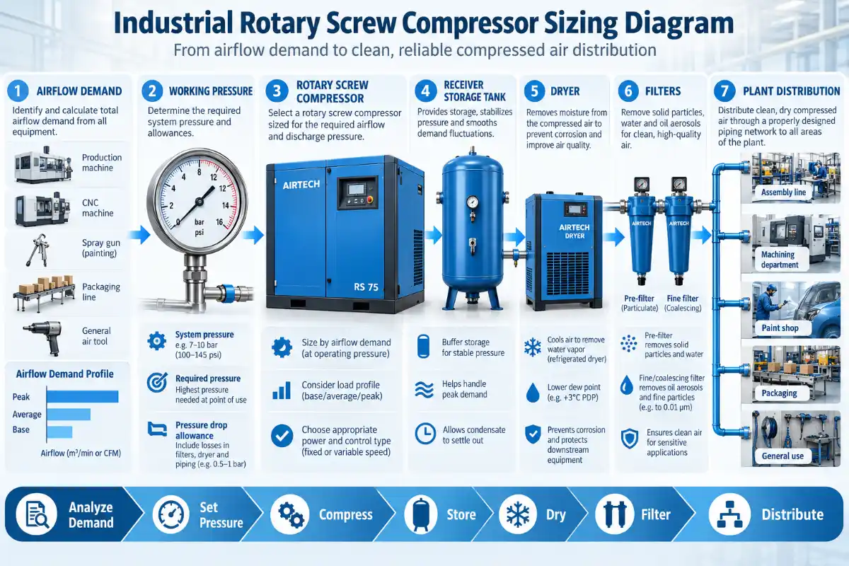 Industrial rotary screw compressor sizing diagram showing airflow demand, working pressure, receiver storage, dryer, filters, and plant distribution.webp