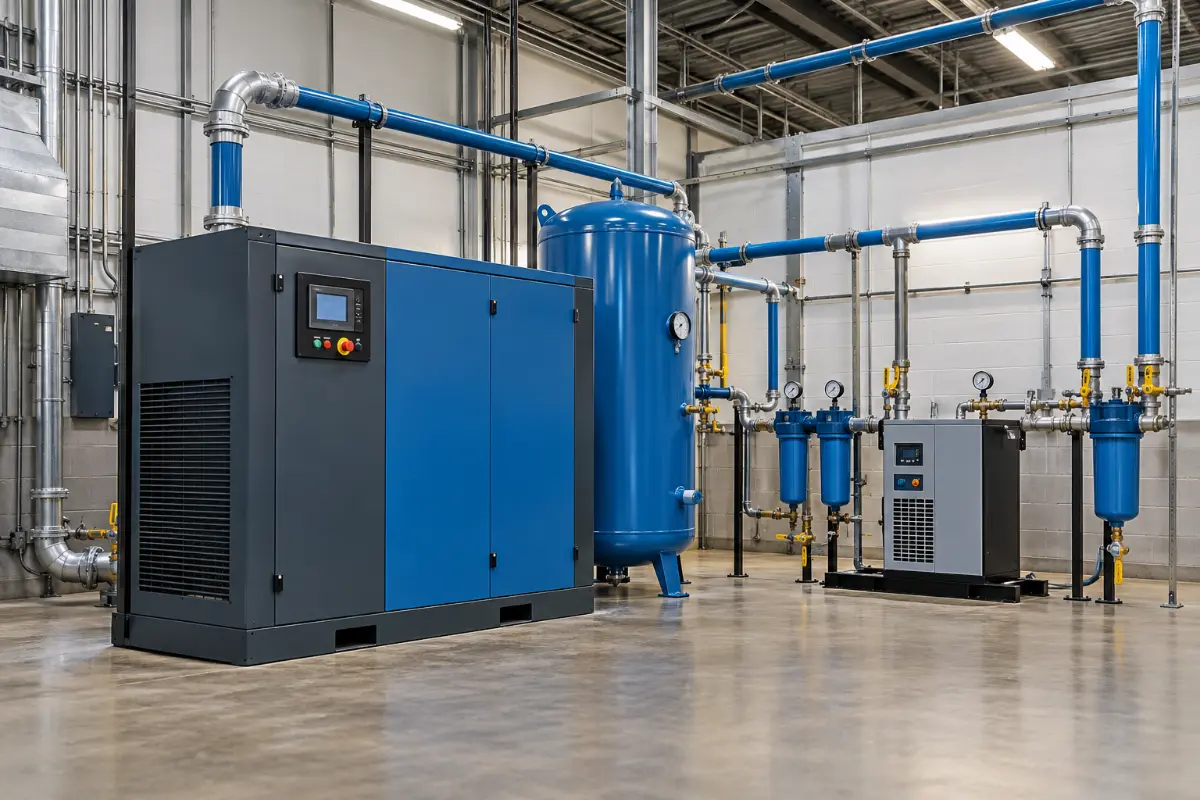 Industrial 75 HP rotary screw compressor installation with compressed air piping system