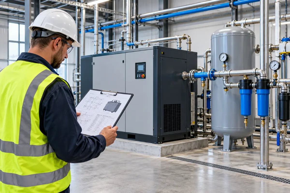 Engineer reviewing industrial compressed air system design and rotary screw compressor specifications