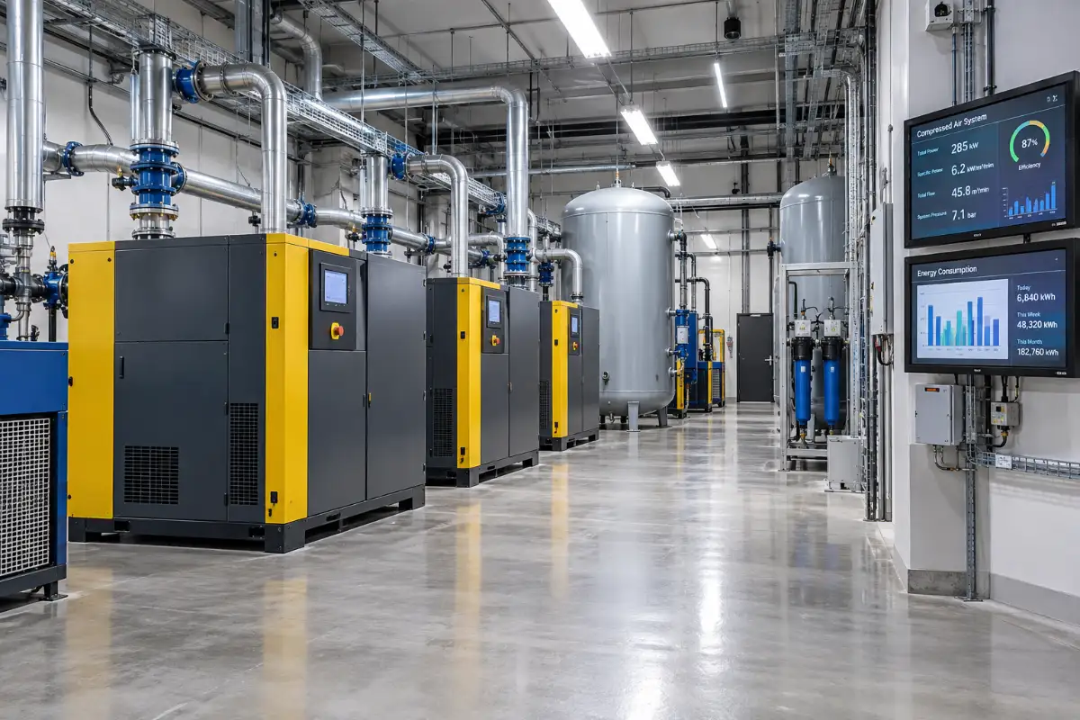 Modern industrial compressed air room with multiple rotary screw compressors and energy monitoring system.webp